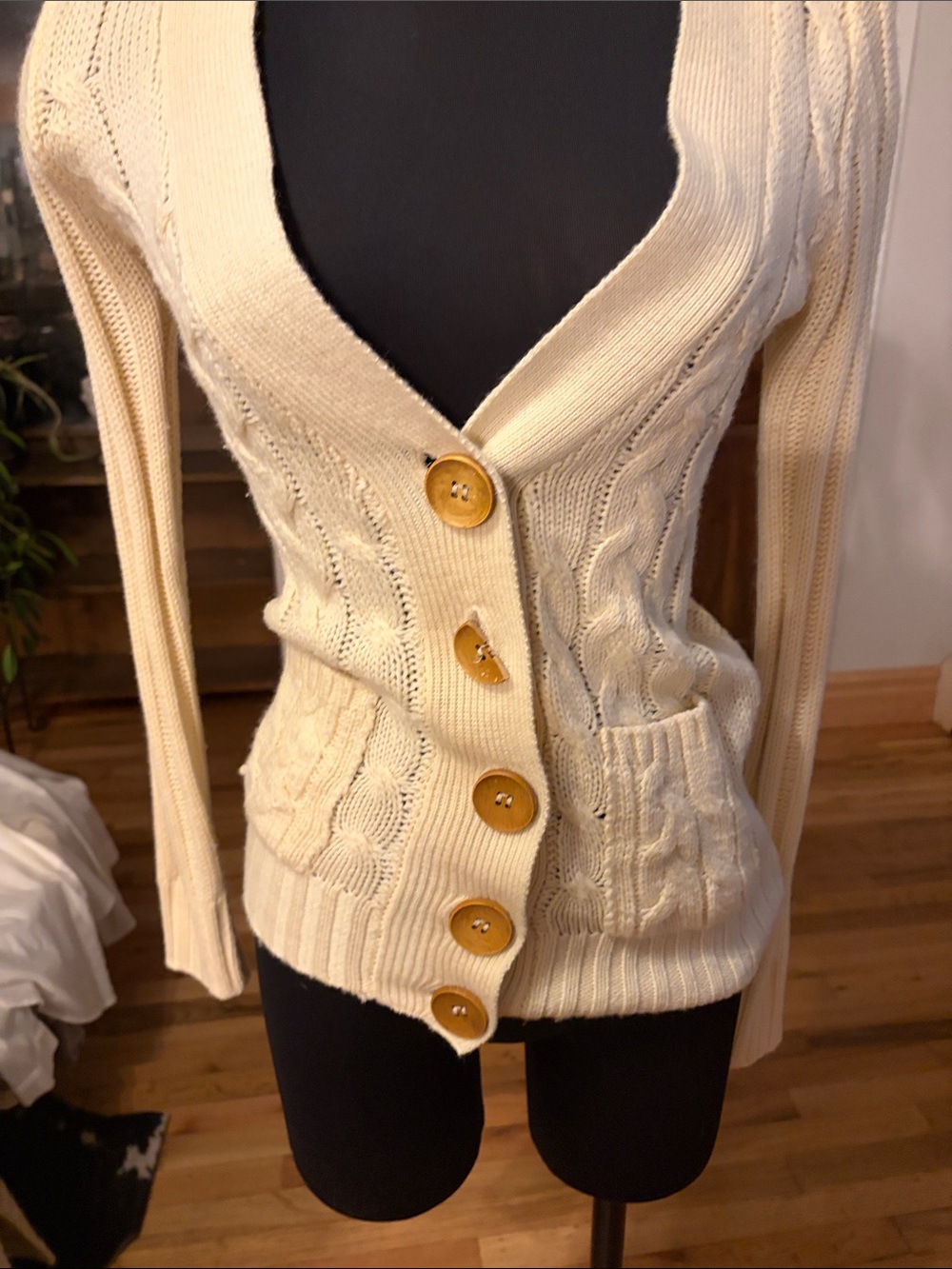 Source Unknown Cream Cable-Knit Cardigan with Wooden Buttons needs 1 new button
